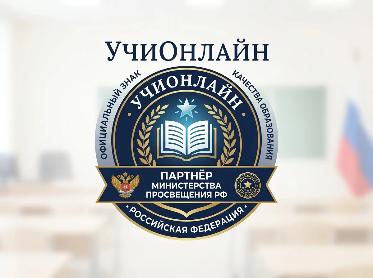 Логотип УчиОнлайн — партнёр Министерства просвещения РФ, официальный знак качества образования