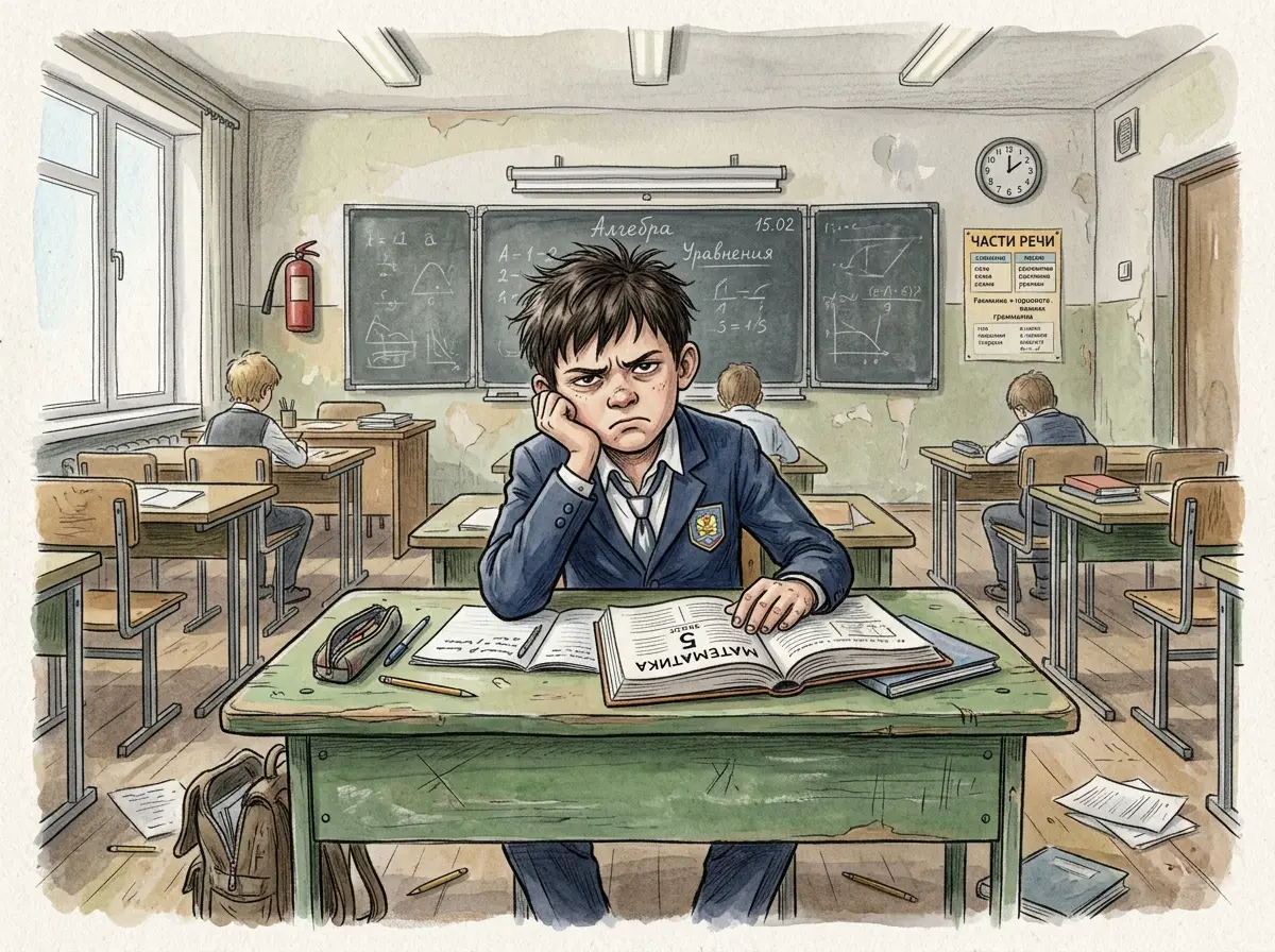 Иллюстрация школьника с книгой за столом, недовольное лицо, скучная обстановка обычной школы