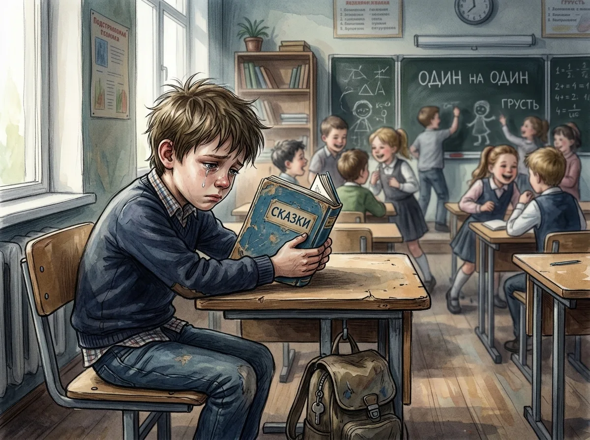 Иллюстрация грустного ребёнка один на один с книгой, психологическое давление в коллективе, буллинг в школе